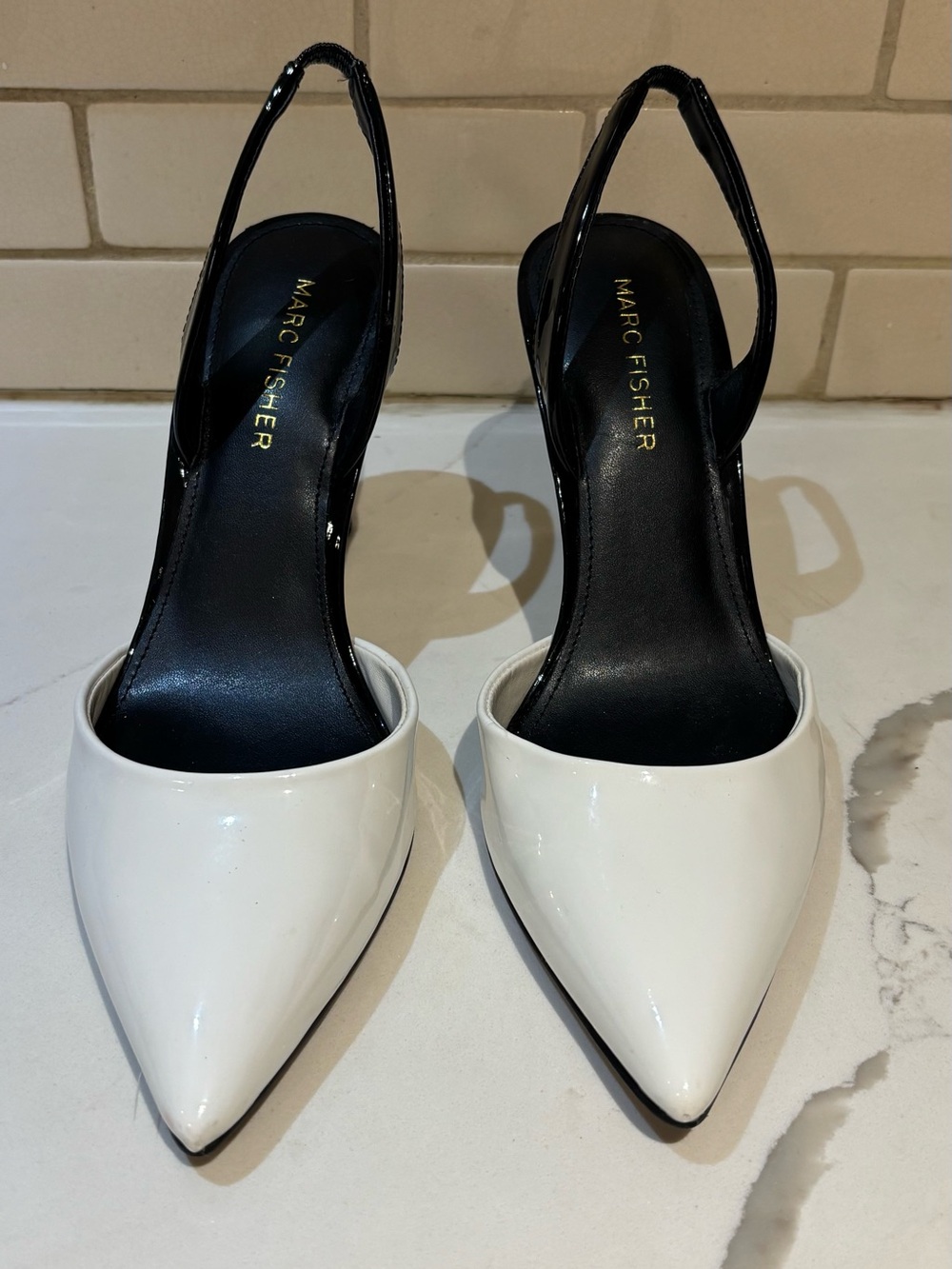 Marc Fisher size 6.5 Hadya Pump white & black colorway with glossy patent pointy